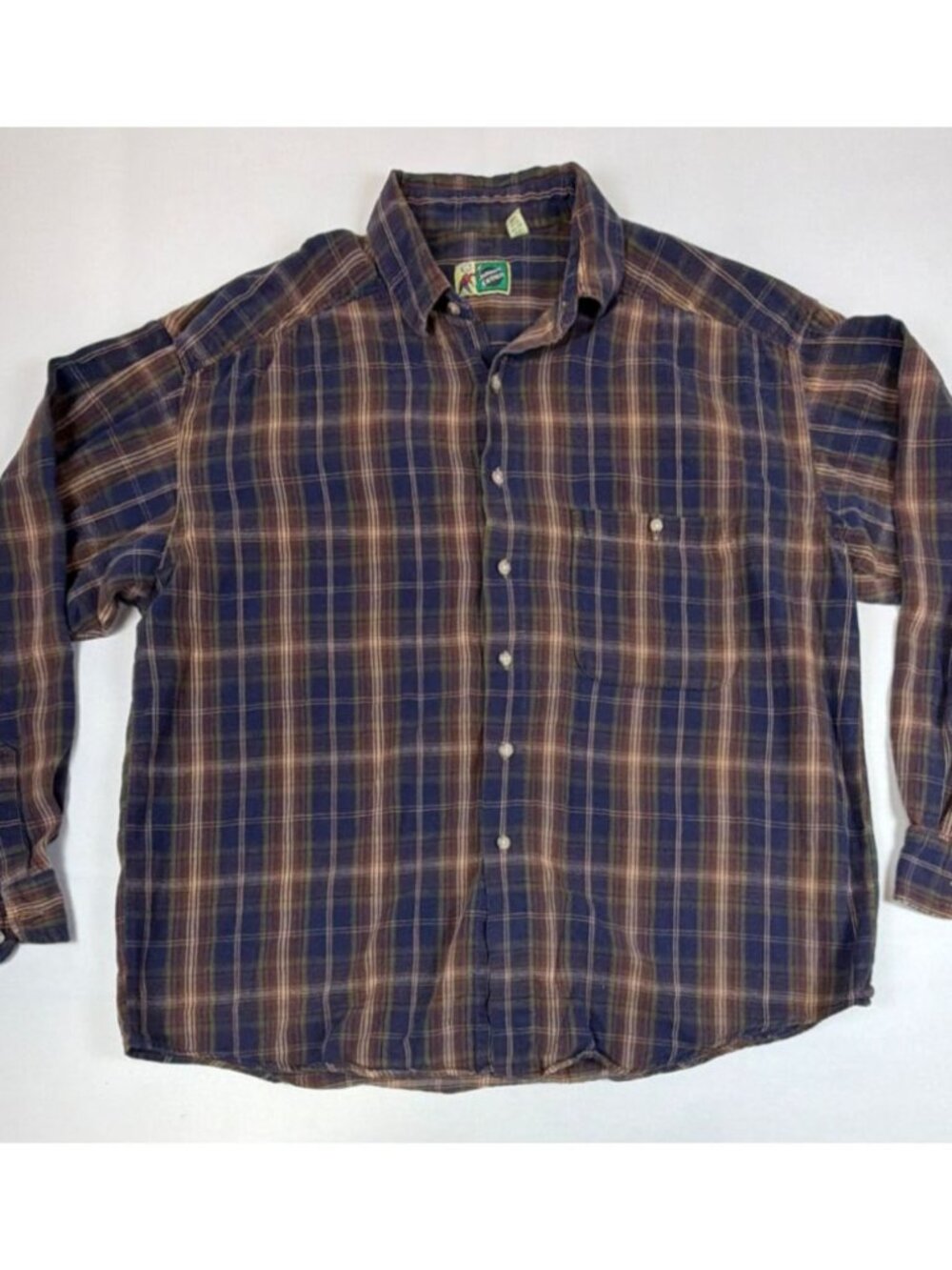 Johnny Cotton Vintage Men L Large Blue Brown Plaid Flannel Shirt Made in USA